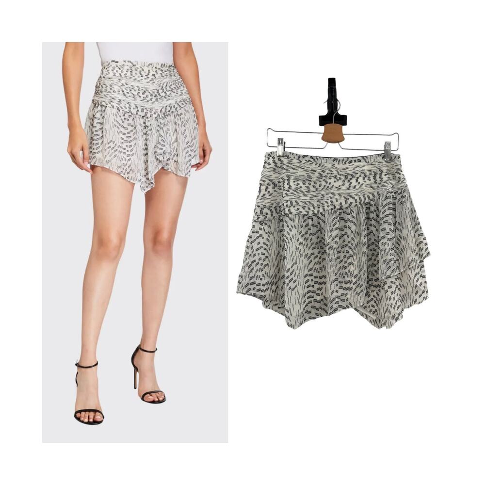 Ramy Brook Renly Metallic Silk Ruffle Ruched Mini Skirt Ivory Black Size 8